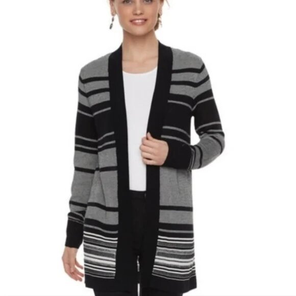 Apt 9 Striped Black/Grey Shawl Collar Chunky Open Front Cardigan Sweater S - Picture 1 of 6